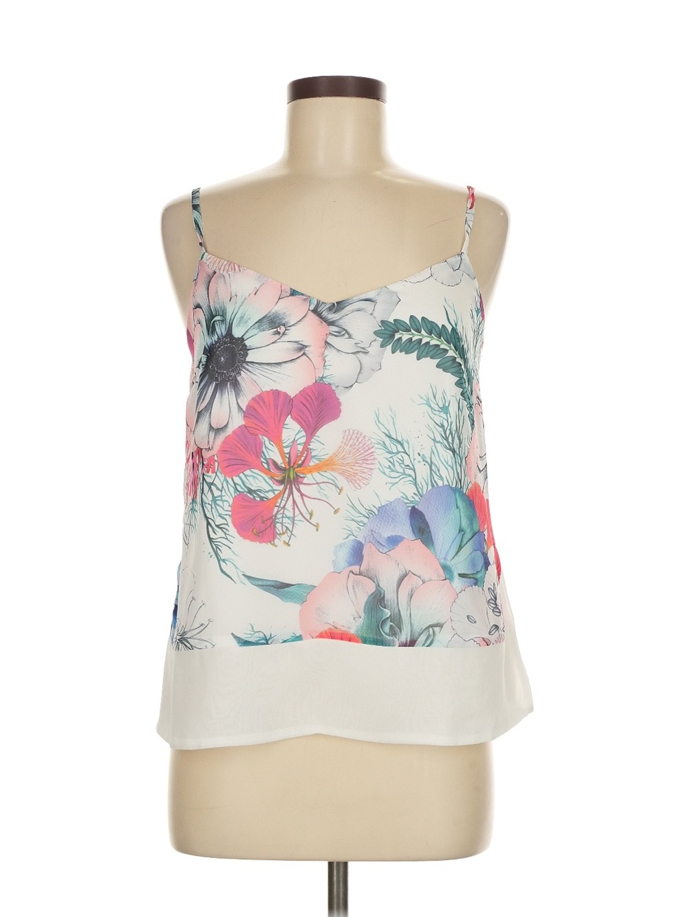 French Connection Floral Spaghetti-Strap Cami - White with Pink & Blue Accents